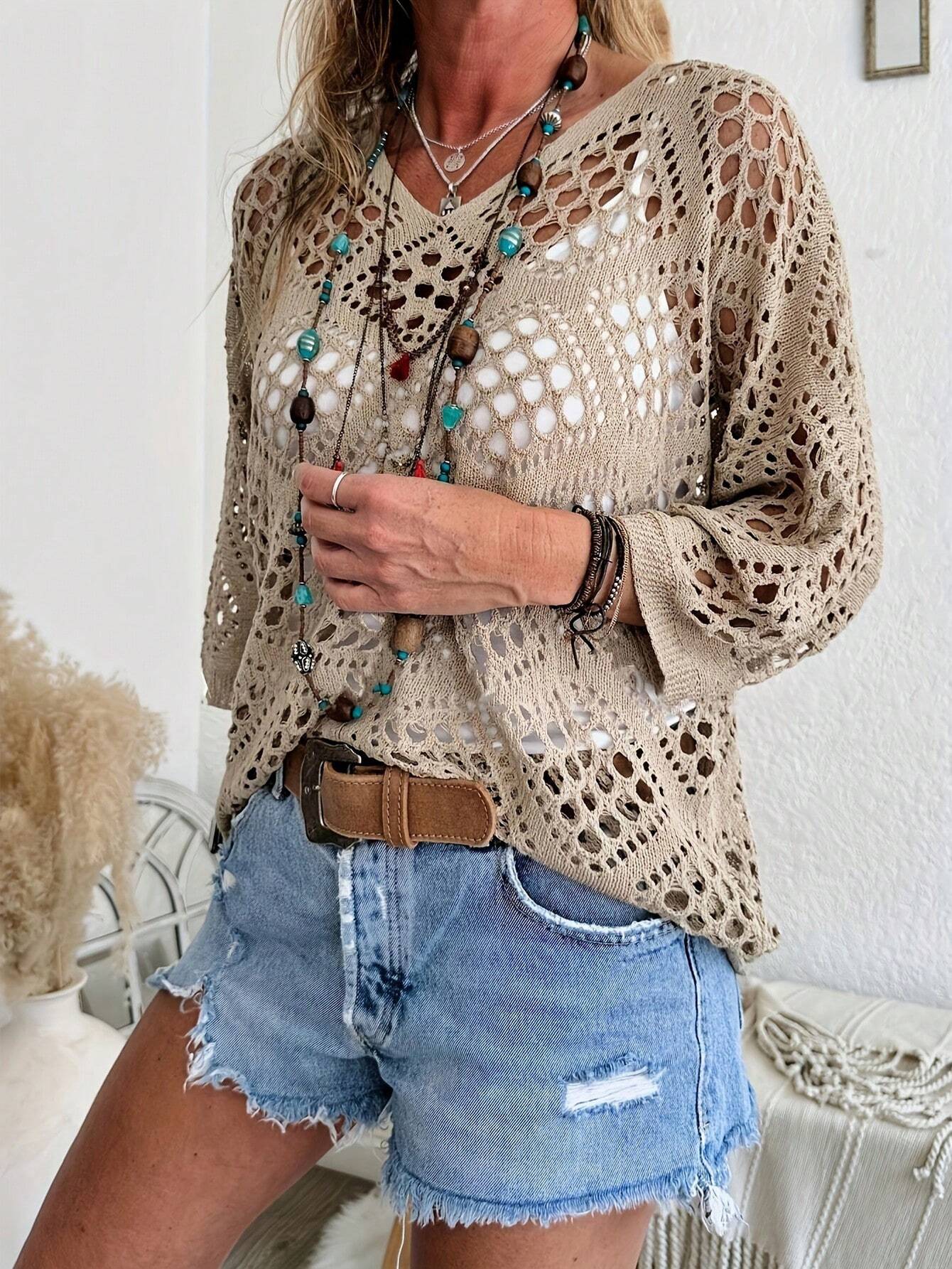 Frenchy Solid Color Hollow Out Fashion Plus Size Sweater