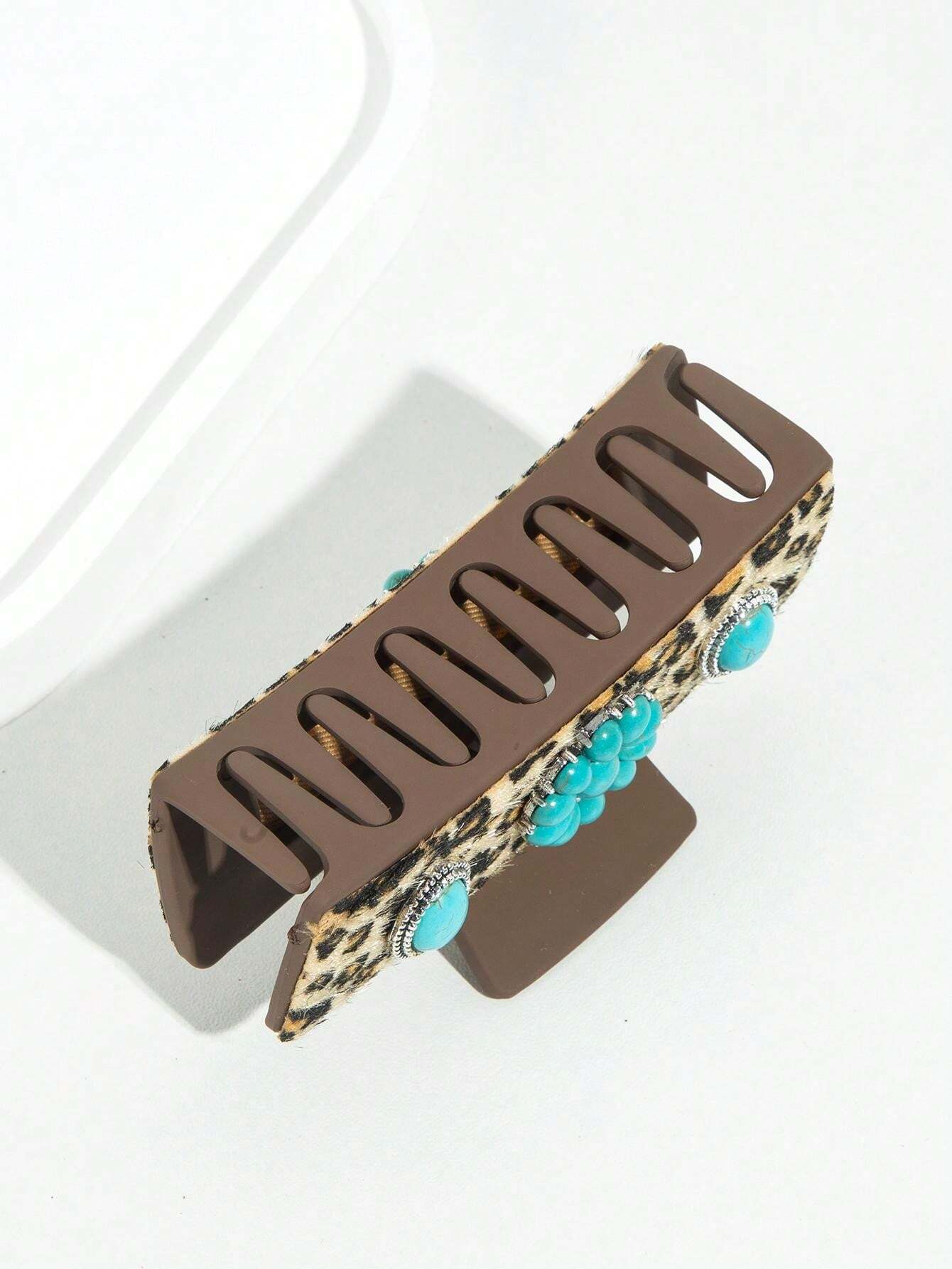 Vintage Western Style Turquoise Alloy Big Hair Claw Clip With Leopard Print Leather