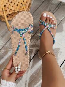 Ladies' Blue Flat Sandal, Lightweight & Comfortable, Toe-Fitting Sandal with Multicolored Faux Rope Sole, Bohemian-Style Beach Sandal