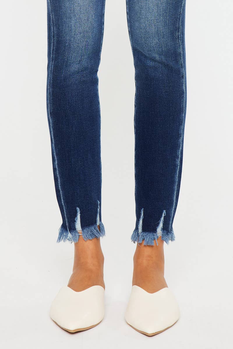 HIGH RISE FRAY HEM SUPER SKINNY JEANS-KC7121D: DARK / 1/24