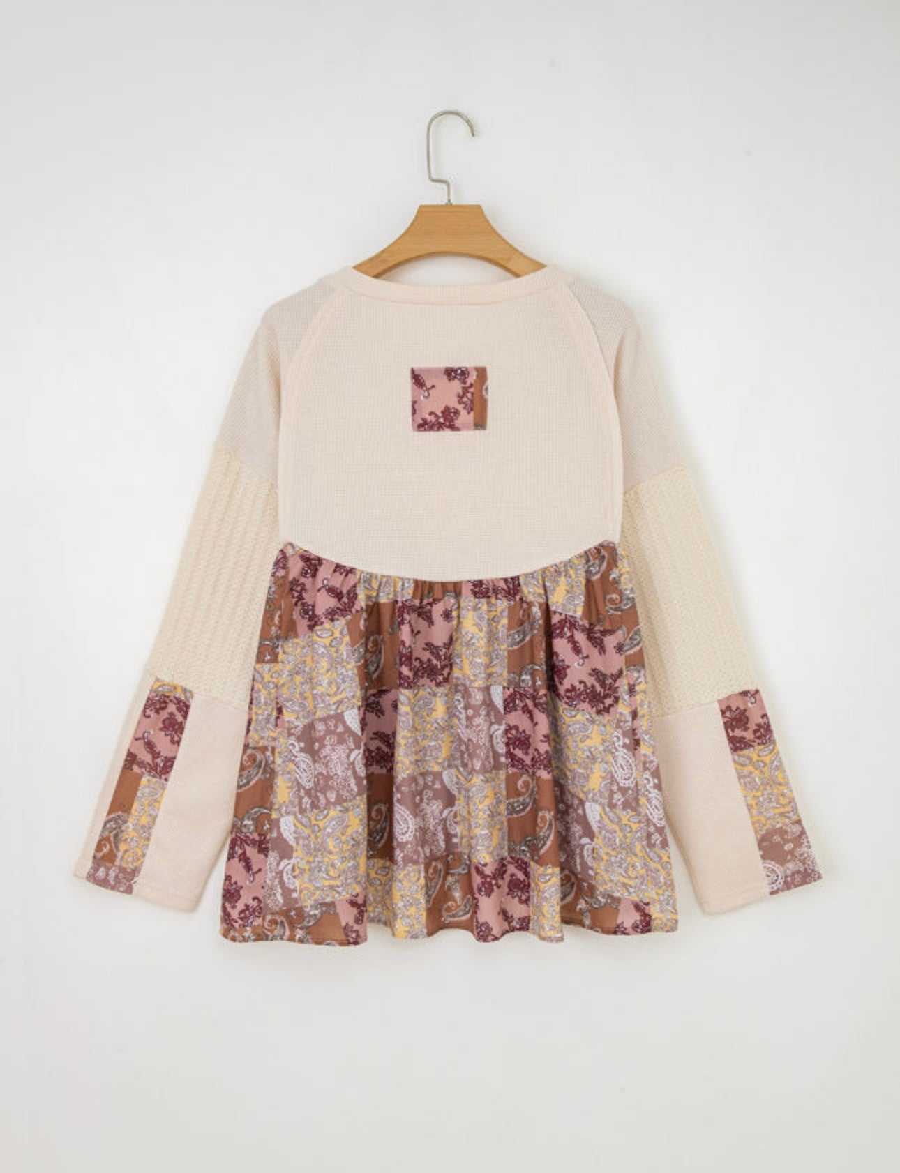 Beige Paisley Ethnic Print Contrast Patchwork Long Sleeve Loose Top