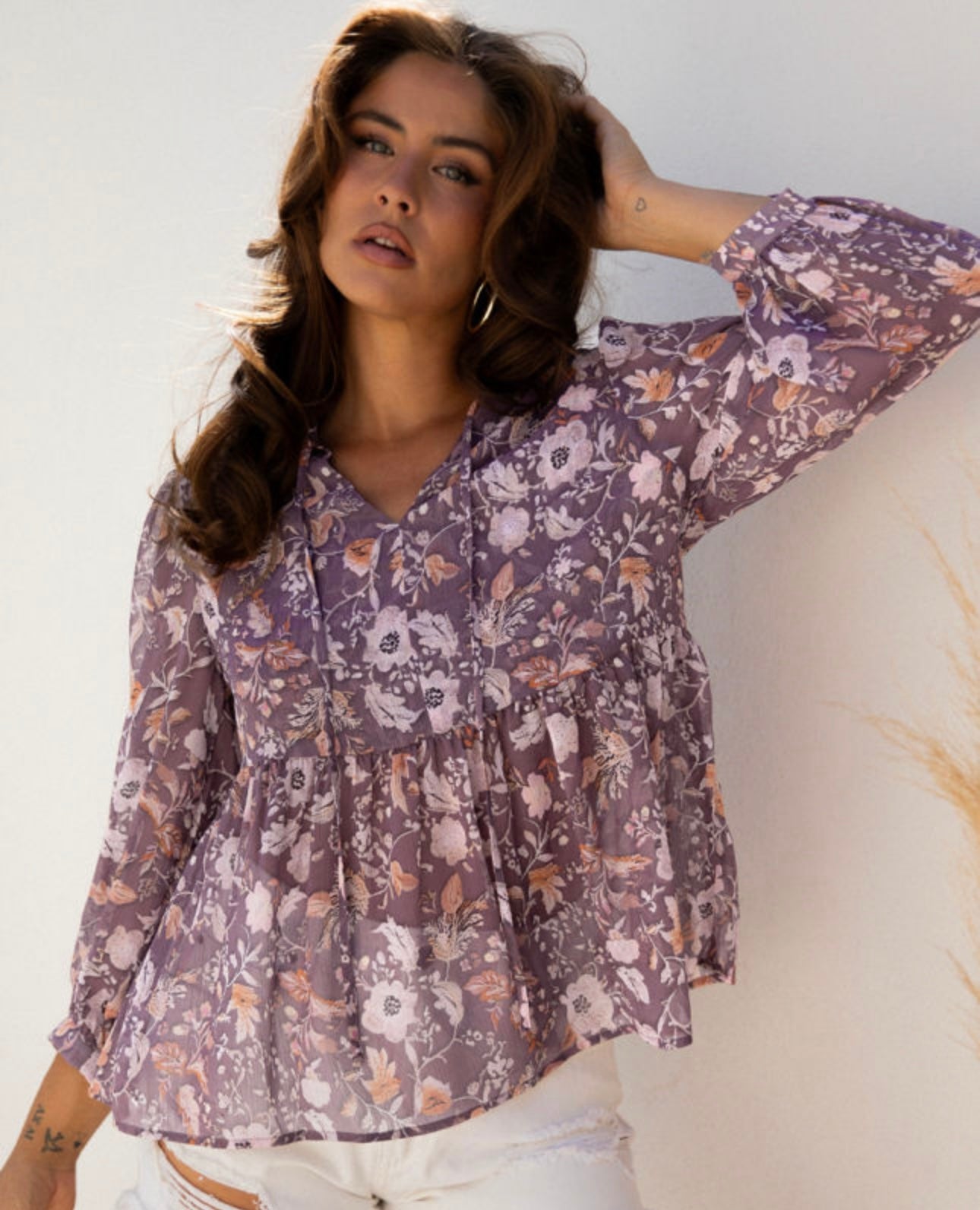 Boho Flower Print 3/4 Sleeve Babydoll Blouse