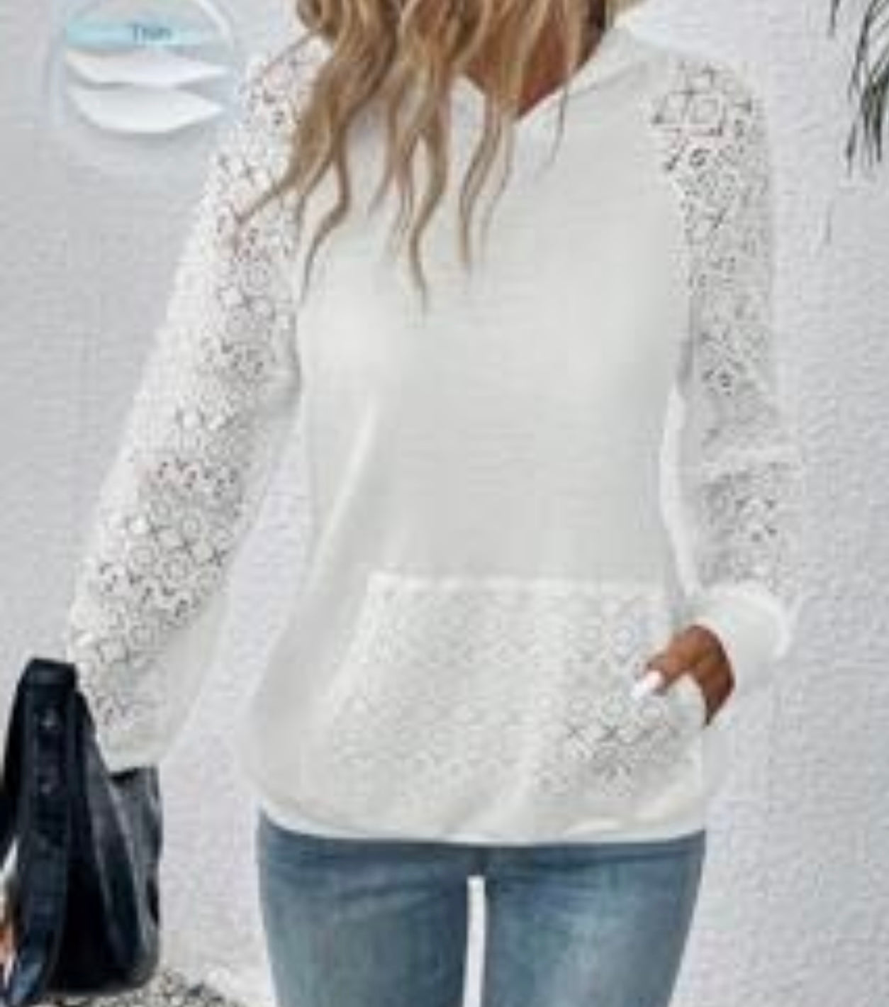 Lace Raglan Sleeve Kangaroo Pocket Hoodie, Long Sleeve