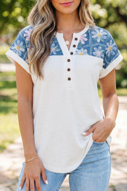 White Floral Patchwork Short Sleeve Viscose Blend Blouse