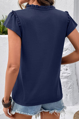 Dirty blue Sheer Lace Splicing Split Neck Ruffle Short Sleeve Blouse