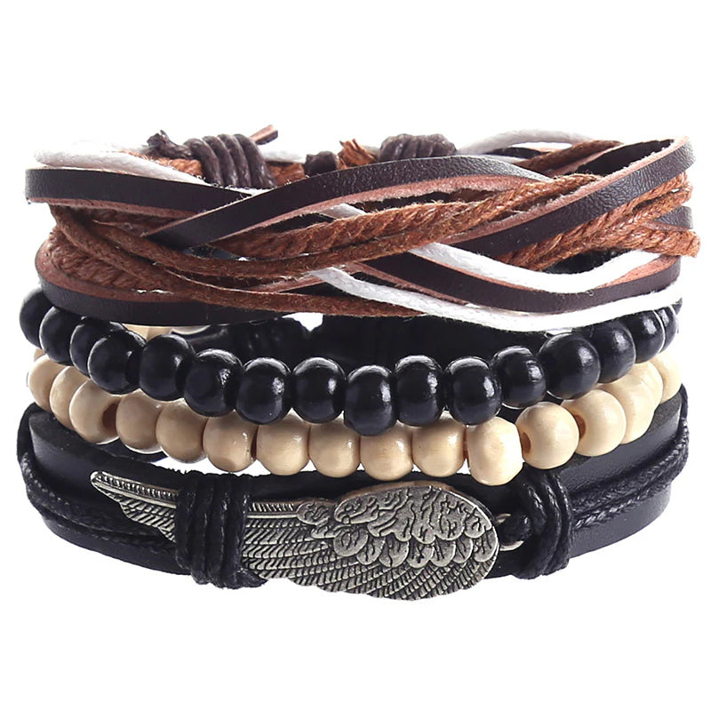 Vintage Beaded Leather Bracelets Alloy Leafs