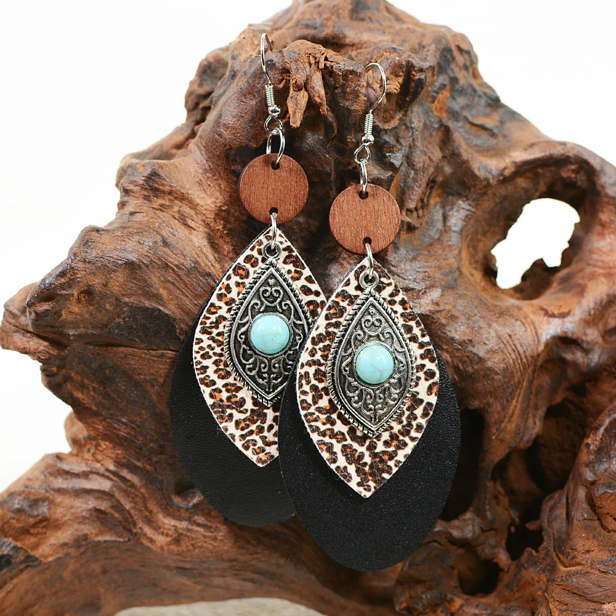 Western Style Multi-layer Leopard Patterned Alloy Turquoise Leather Earrings