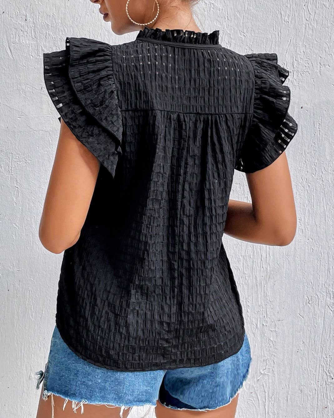 Solid V-Neck Ruffled Sleeve T-Shirt: Black / L
