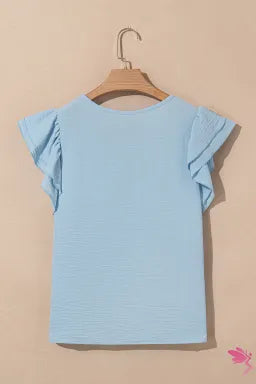 Mist Blue Solid Color Ruffled Short Sleeve Casual Blouse