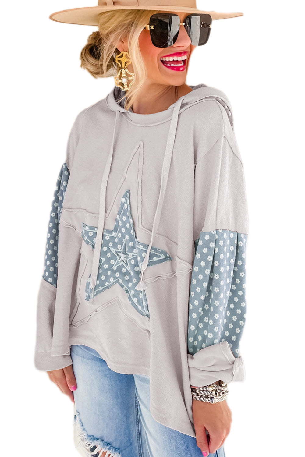 Delicacy Floral Patchwork Star Pattern Drawstring Hoodie