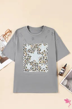 Medium Grey Stars Leopard Graphic Distressed Tee