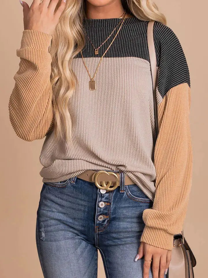 Rachel Block Long Sleeve Ribbed Loose Top