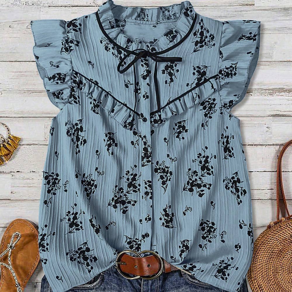 Rustic Boho Ruffles Detailed Ditsy Floral Tie Neck Top: Apricot / S
