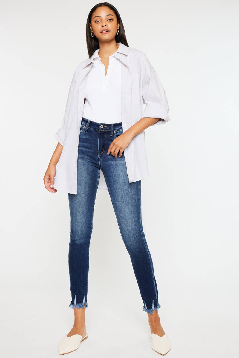 HIGH RISE FRAY HEM SUPER SKINNY JEANS-KC7121D: DARK / 15/31