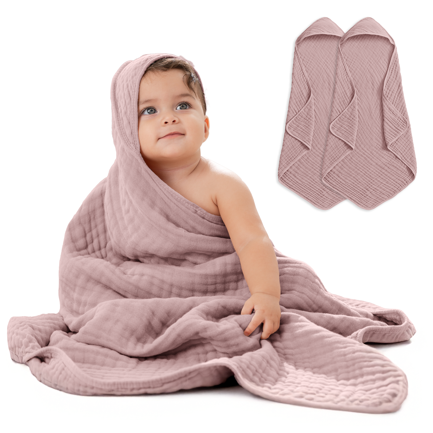 Hooded Baby Towel, 6 Layer 100% Muslin Cotton by Comfy Cubs: Mauve / Pack of 1