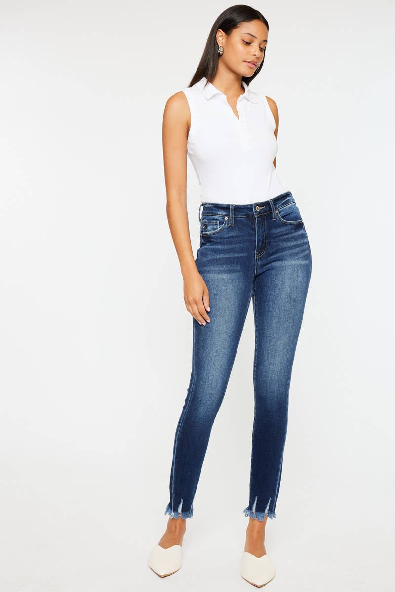 HIGH RISE FRAY HEM SUPER SKINNY JEANS-KC7121D: DARK / 15/31