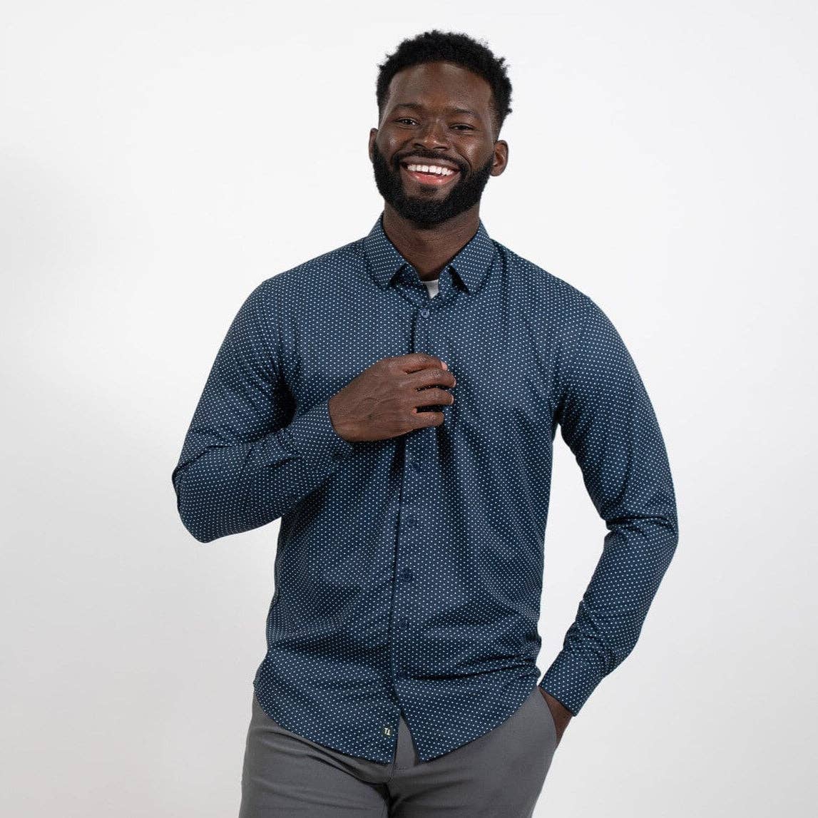 Hustle Sport Shirt - Long Sleeve - Navy Polka Dot: Regular / Small