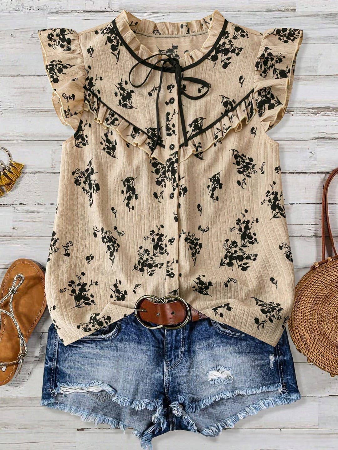 Rustic Boho Ruffles Detailed Ditsy Floral Tie Neck Top: Apricot / XL