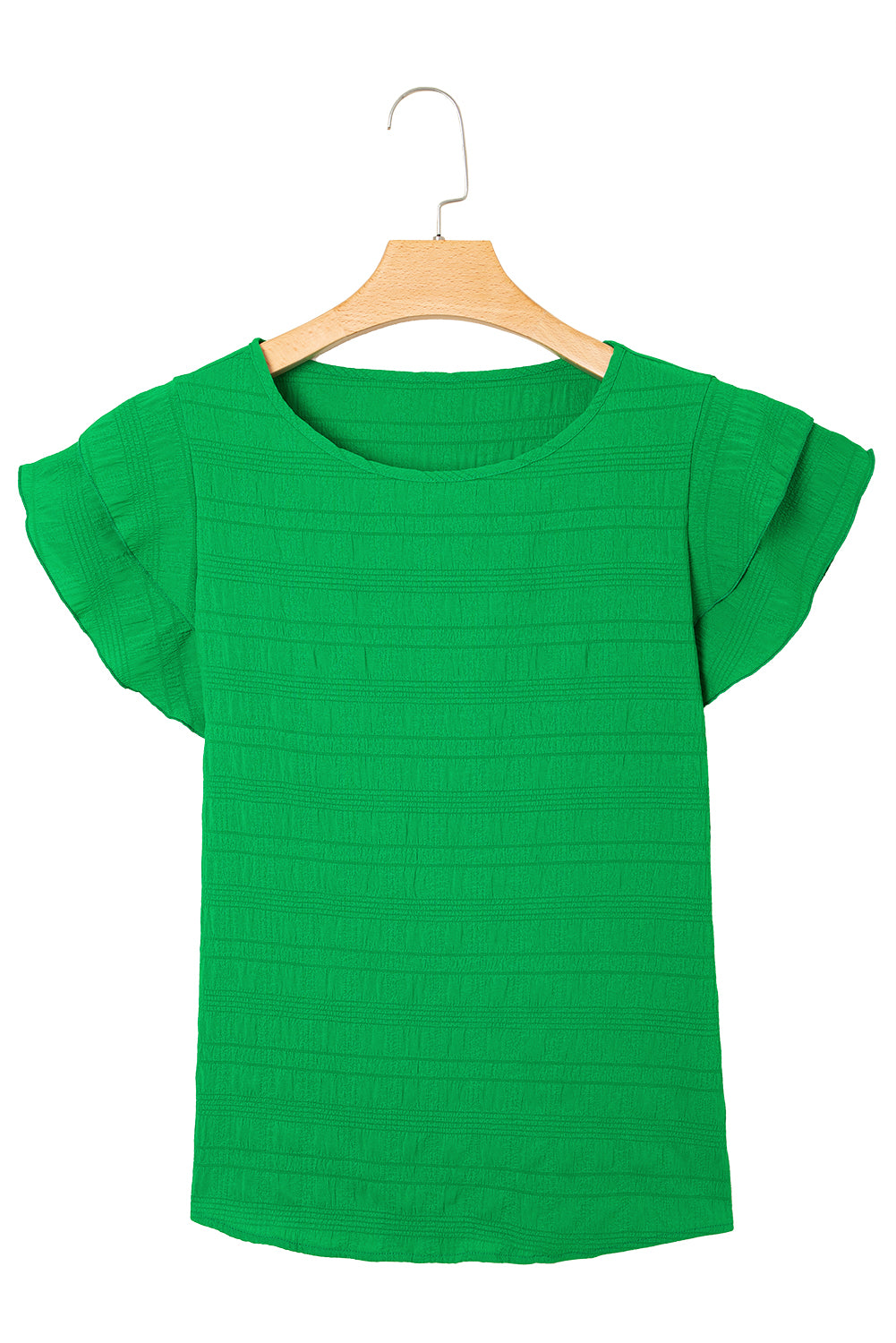 Dark Green Ruffle Sleeve Textured Smocked Blouse