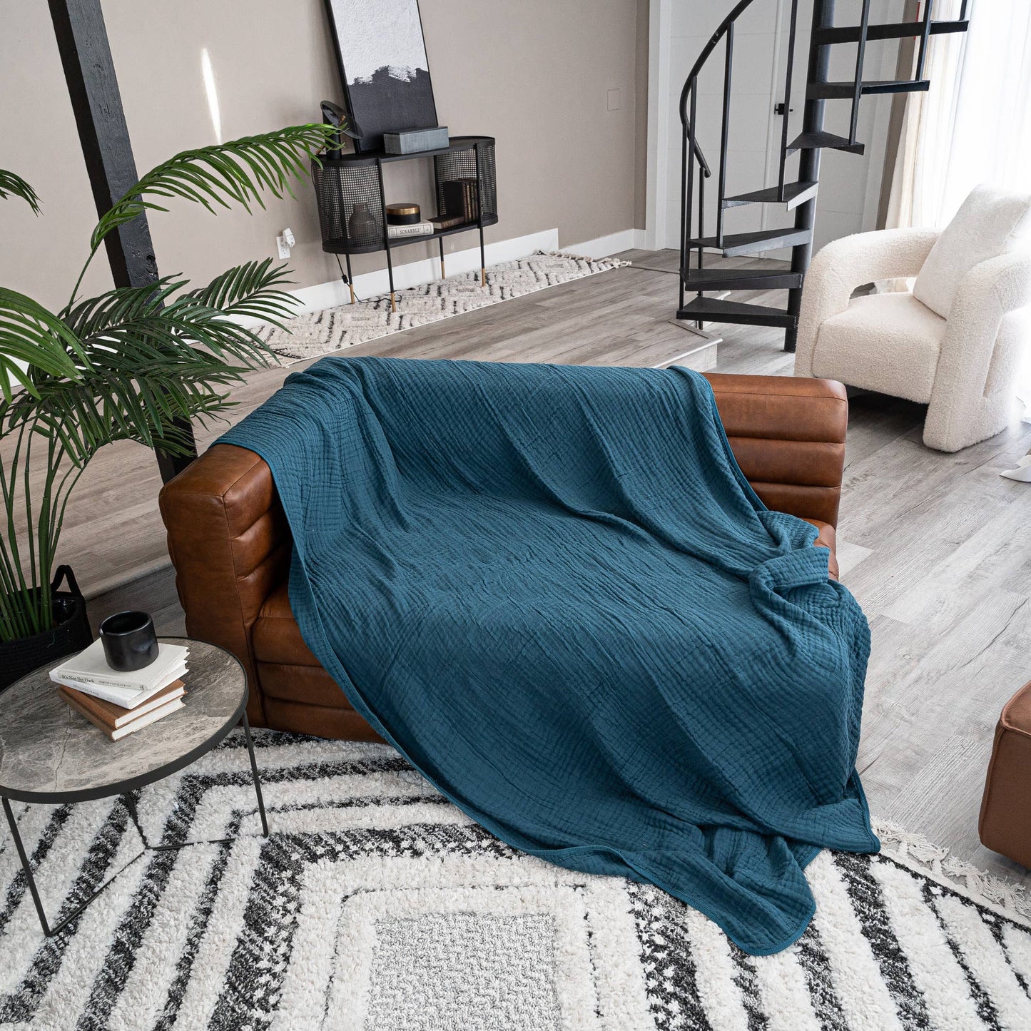 Muslin Blanket for Adults, 6-Layer Bedding by Comfy Cubs: Pacific Blue / Throw: 50" x 60"