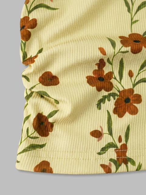 Boho Retro Floral Print Ribbed Knit Slim-Fit Tank Tops: Yellow / M