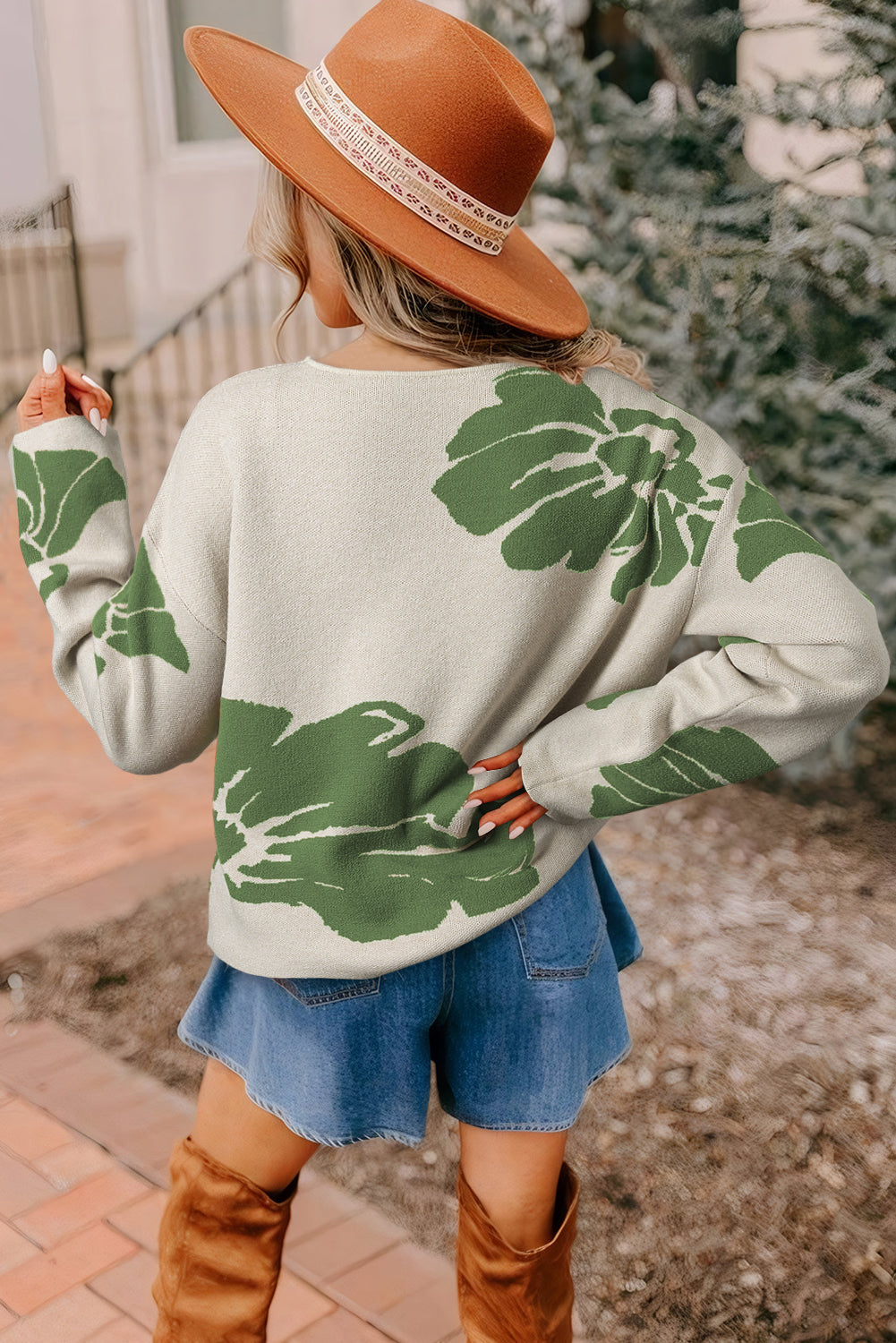 Beige Flower Pattern Drop Sleeve Baggy Sweater