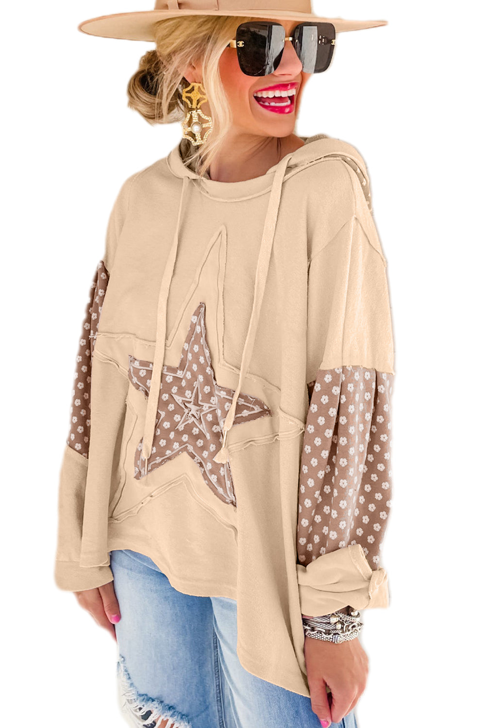 Delicacy Floral Patchwork Star Pattern Drawstring Hoodie