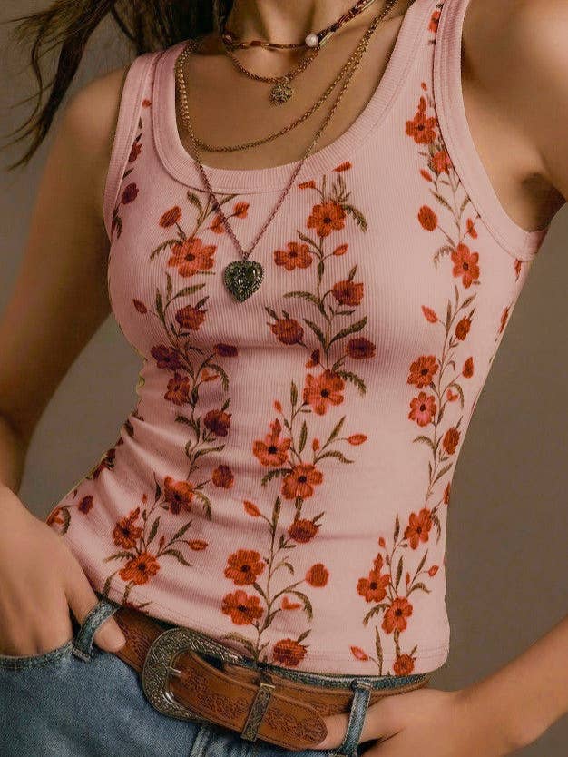 Boho Retro Floral Print Ribbed Knit Slim-Fit Tank Tops: Yellow / M