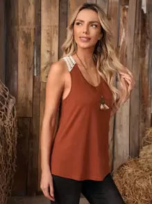 Contrast Guipure Lace Back Tank Top- Rust