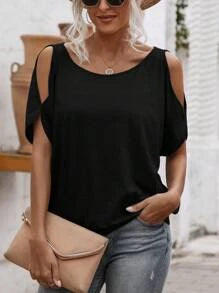 Solid Cold Shoulder Tie Back Tee