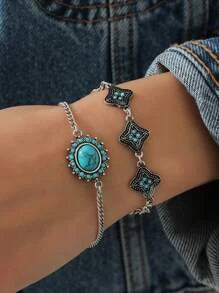 2pcs Turquoise Stone Western Style Chain Bracelet Set