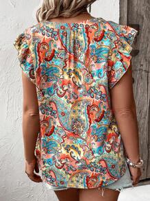 Allover Print Notched Neckline Ruffle Trim Blouse