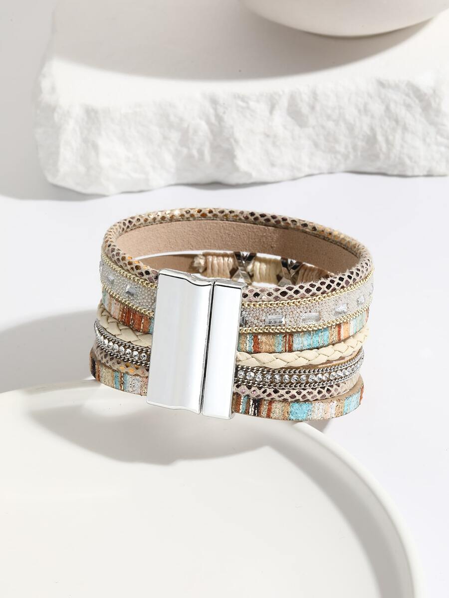 1pc Bohemia Style Wide Band Bracelet with Crystal Rhinestone Decor Wrapped Wire Bracelet Multi-layered Pu Leather Magnetic Clasp Bracelet