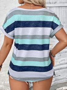 Striped Print V-Neck Short Sleeve T-Shirt- Small Thru 4XL