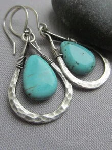 1pair Vintage & Elegant Natural Turquoise Teardrop Shaped Earrings