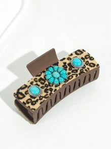Vintage Western Style Turquoise Alloy Big Hair Claw Clip With Leopard Print Leather