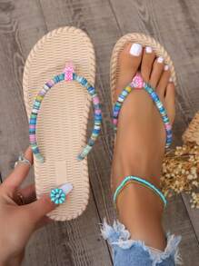Colorful Women Flat Sandals Lightweight & Comfortable Beach Flip-Flops with Toe Strap & Colorful Imitation Rope Bottom, Bohemian-Style Beach Sandal