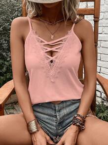 Contrast Lace Crossed Strap Camisole Top- Pink