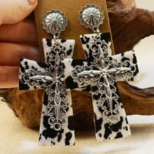 1pair Vintage Bohemian PU Leather Leopard/Cow Print Cross Earrings, Western Style Cowgirl Print Dangle Earrings