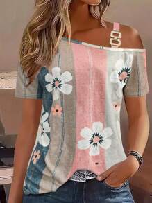 Fashionable Asymmetrical Neck Floral Print Blouse