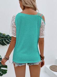 Asymmetrical Neckline Lace Patchwork T-Shirt