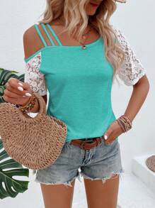 Asymmetrical Neckline Lace Patchwork T-Shirt