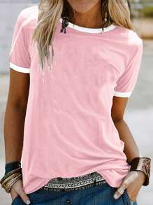 Colorblock Round Neck Short Sleeve Casual T-Shirt
