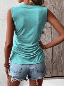Round Neck Pleated Sleeveless Tank Top-Teal