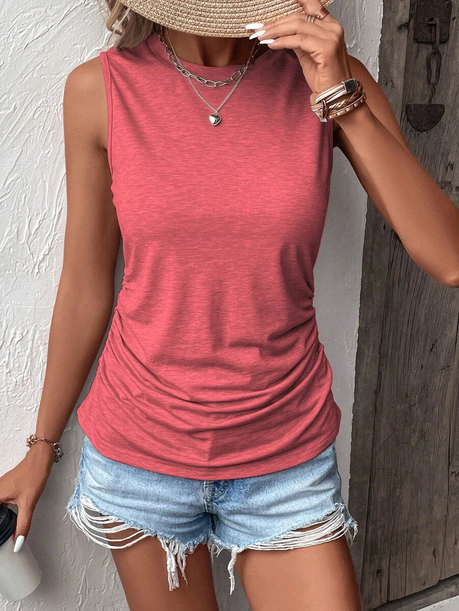 Round Neck Pleated Sleeveless Tank Top- Red