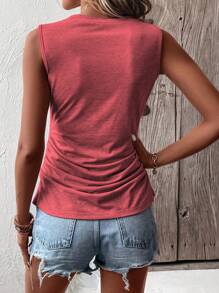 Round Neck Pleated Sleeveless Tank Top- Red