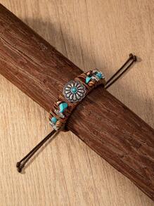 1 Pc BOHO Bohemia Western Style Retro Blue Turquoise Concho Design Leather Cuff Bracelet