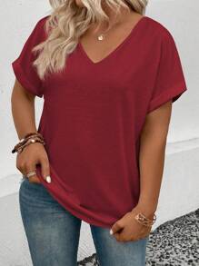 V-Neck Short Sleeve T-Shirt With Rolled-Up Cuffs- Plus Size