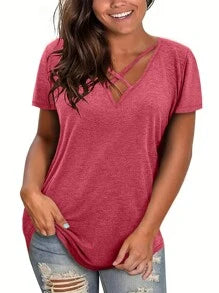 Women's Solid Color V-Neck Short Sleeve Casual T-Shirt