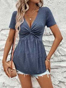 Short Sleeve V-Neck T-Shirt With Twist Knot Detail On Front- Navy Blue